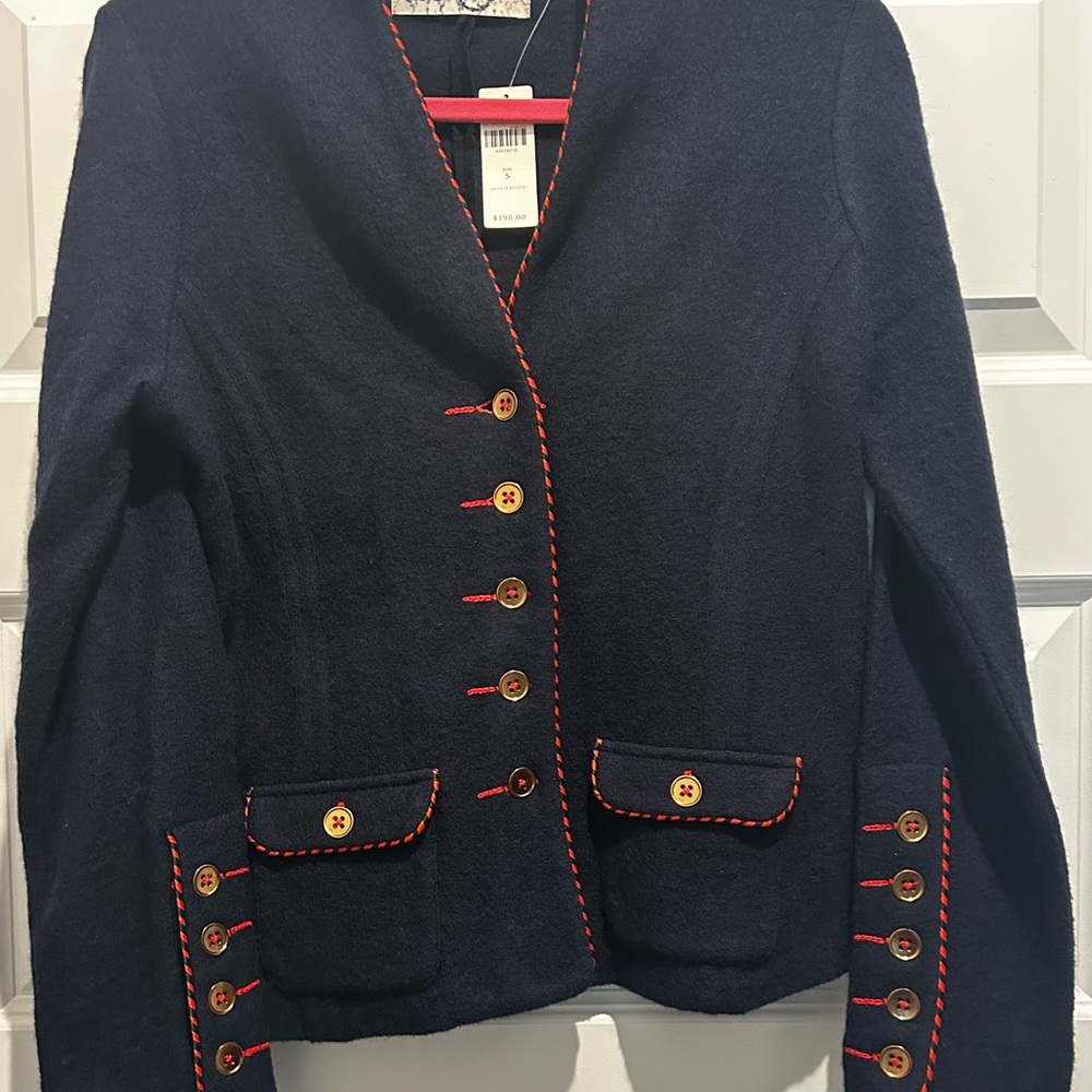 Anthropologie Navy Blue Women's Wool Sweater Jacket with Red Accents